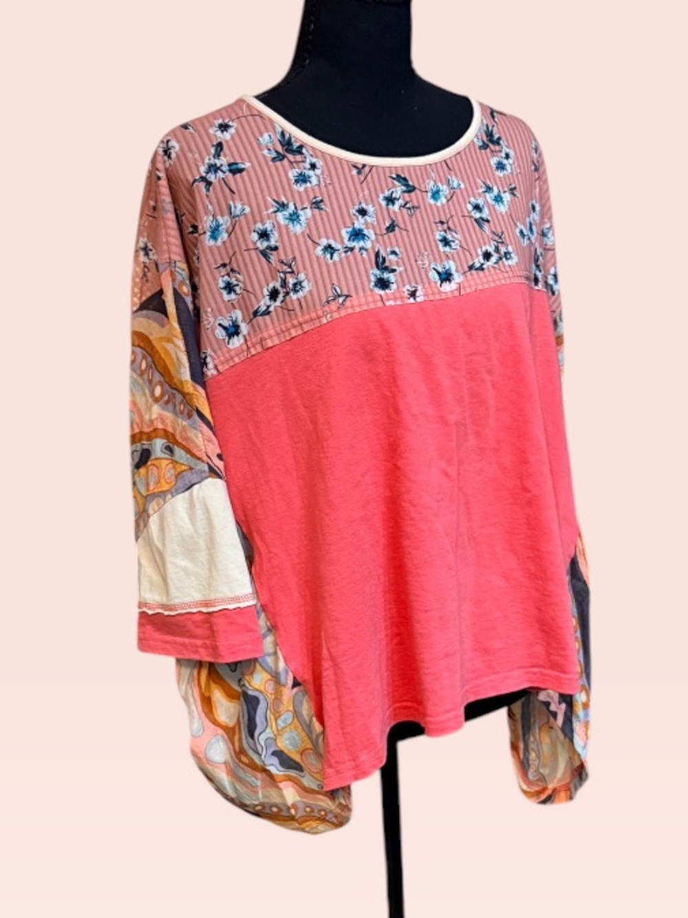 EASEL Hypnotized Mixed Print Cotton Jersey Top Pink Boho Floral size L